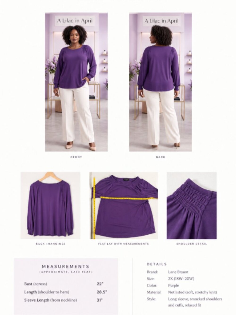 Lane Bryant Size 14/16 Purple Smocked Shoulder Long Sleeve Top